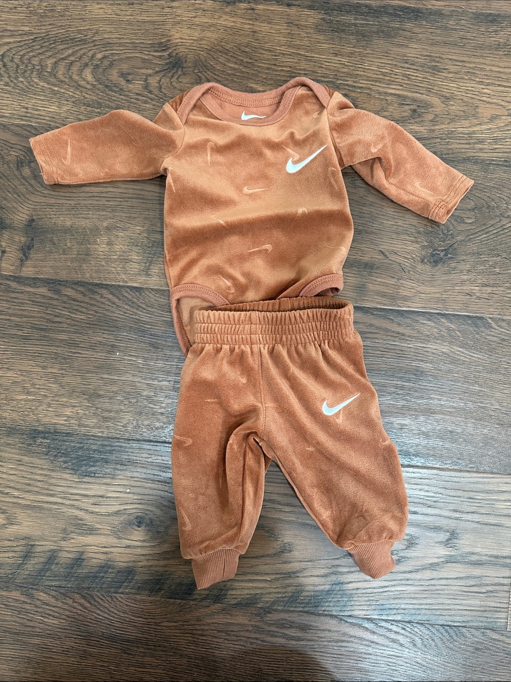 Nike Rust Velvet Baby One-Piece and Pants Set